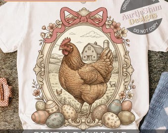 Pollo de Pascua vintage primaveral PNG, Gallina vintage estilo cottagecore PNG, Diseño floral de pollo de granja con lazo coqueto, Huevos de Pascua estilo granja campestre PNG