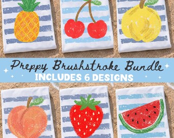 Paquete de imágenes PNG de pinceladas de frutas estilo preppy, sublimación de frutas veraniegas costeras, PNG a rayas, PNG de playa, PNG femenino, camiseta de verano de moda, descarga