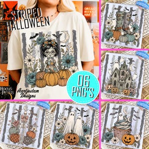 Vintage Stripes Halloween PNG Bundle, Spooky Season Sublimation, Retro Ghost Clipart, Floral Pumpkin Design, Digital Download
