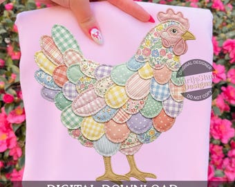 Gallina floral de patchwork (Png), diseño de camiseta de pollo Grandmacore, clipart de gallina rústica (Png), sublimación de chica campestre con estilo de granja boutique