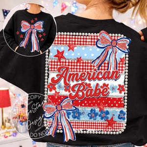 American Babe USA Pearl Flag Bows Coquette Png, Pearl Red White Blue Girly, Patriotic USA Front Back 4th of July, Memorial Independence Day