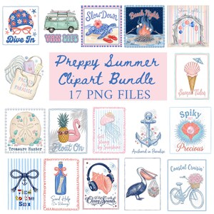 Preppy Summer Clipart Bundle Png, Coastal Coquette Beach Graphics, Retro Pastel Ocean Vibes, Cute Nautical, Trendy Beach Aesthetics Designs