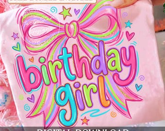 Coquette Birthday Girl png, Preppy Kids Birthday Shirt Design, Happy Birthday Cake Sublimation, Retro Colorful Bday Party Digital Download
