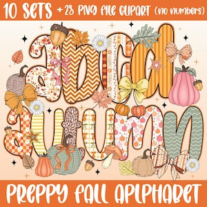 Retro Preppy Fall Floral Alphabet Png,Coquette Floral Letters for Sublimation,Bright Doodle Font Png,Pumpkin Monogram Clipart for Mom Crafts