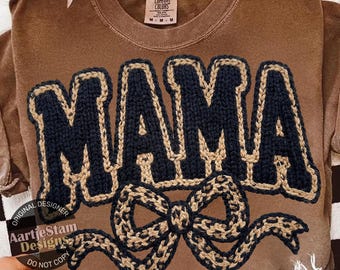 Crochet Mama Leopard Png, Faux Yarn Mama Bow Png, Varsity Mama Png Mothers Day Png, 3D Knitted Coquette Mom Png, Trendy Mom Shirt Design