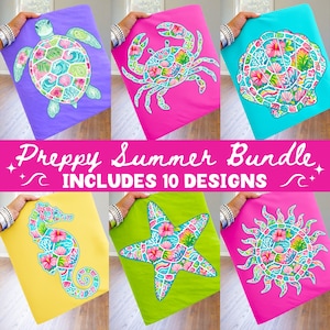Neon Summer Bundle, Preppy Floral Summer Beach Png, Coastal Summer Vibes Png, Turtle Crabby Starfish Png, Bright Pink Girly Png