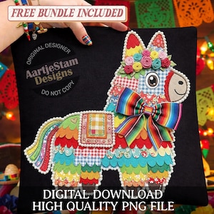 Può includere: Un colorato design di piñata su sfondo nero, con un fiocco arcobaleno e dettagli floreali. La piñata presenta un design patchwork. Il testo include "FREE BUNDLE INCLUDED", "ORIGINAL DESIGNER AartjeStam Designs DO NOT COPY", e "DIGITAL DOWNLOAD HIGH QUALITY PNG FILE".