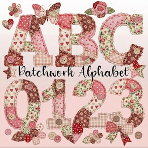 Patchwork Alphabet Png, Cottage Core Png, Quilted Letters and Numbers, Retro Fabric Texture Lettering Png, Floral Pink Fabric Png, Preppy