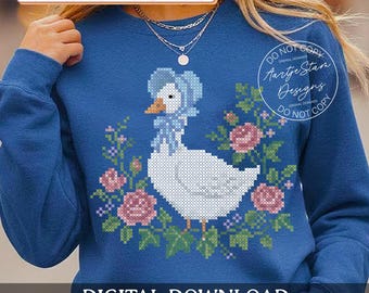 Faux Cross Stitch Goose Png, Cottagecore Goose Png, Grandma Core Png, Floral Png, Cute 1980s Homestead Mama Clipart, Preppy Granny Png