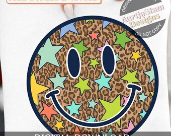Cara sonriente de estrellas con estampado de leopardo (Png), arcoíris retro de moda (Png), cara sonriente de leopardo de primavera retro (Png)