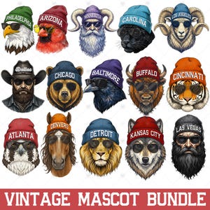 Vintage mascot DTF transfer sublimation bundle digital download PNG commercial use included all NFL cities beanie mascot tee vintage football fan bundle game day shirt gift for football fan comfort colors birthday present sports mascot sublimation bundle football lover tote birthday present