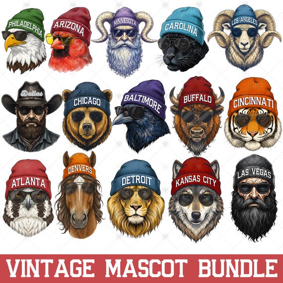 Vintage Mascot Football Bundle Png, Retro Football Png, Game Day Png, Trendy Png, Football Animals Png, Sports Lover Shirt Design Png