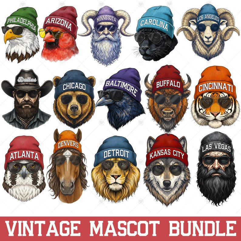 Vintage mascot DTF transfer sublimation bundle digital download PNG commercial use included all NFL cities beanie mascot tee vintage football fan bundle game day shirt gift for football fan comfort colors birthday present sports mascot sublimation bundle football lover tote birthday present