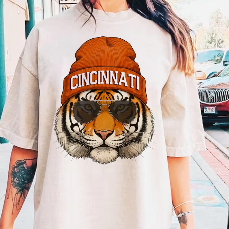 Vintage mascot DTF transfer sublimation Cincinnati tiger shirt vintage football tee game day shirt football fan gift tiger mascot tee comfort colors beanie tee Cincinnati fan gift vintage tiger mascot shirt sports fan birthday present Cincinnati football lover tote birthday tote present tote