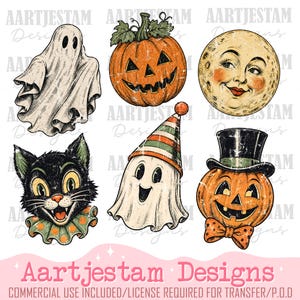 Könnte beinhalten: Eine Sammlung von sechs Halloween-Illustrationen im Vintage-Stil, bestehend aus einem weißen Geist, einem orangefarbenen Kürbis, einem Mond mit Gesicht, einer schwarzen Katze mit Halskrause, einem Geist mit gestreifter Mütze und einem Kürbis mit Zylinder.