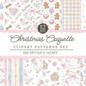 Könnte beinhalten: Eine digitale Sammlung von 12 JPG-Dateien mit dem Titel Christmas Coquette Clipart Patterns Set, 300 DPI, 30,48x30,48 cm. Die Muster zeigen Aquarellillustrationen von rosa und blauen Weihnachtsbäumen, Lebkuchenmännern, Gänsen, Schleifen und Weihnachtskugeln.