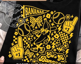 Mascot BANANAS Doodle Png, Lets Go Bananas Baseball Doodle Png, Retro Yellow Banana Mascot Png, Sports Season Png, Game Day Sublimation