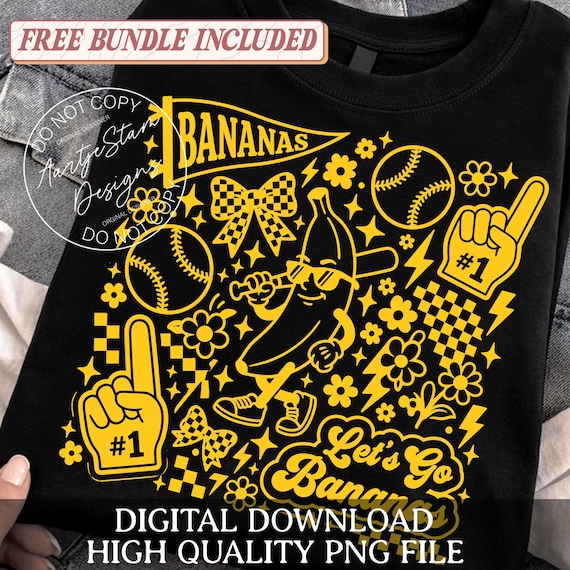 Mascot BANANAS Doodle Png, Lets Go Bananas Baseball Doodle Png, Retro Yellow Banana Mascot Png, Sports Season Png, Game Day Sublimation