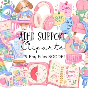 Può includere: Un set di illustrazioni digitali con articoli di supporto per l'ADHD, tra cui un simbolo dell'infinito arcobaleno, un cucciolo che scrive in un diario, cuffie rosa, una poltrona con un coniglietto, un giocattolo pop-it, un barattolo di dopamina e un timer.