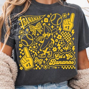 Let's go bananas PNG DTF transfer sublimation Savannah Bananas baseball tshirt retro funny baseball tee baseball mom gift game day shirt women banana mascot coquette bow yellow pennant retro sport tee trendy baseball fan shirt women foam finger number one softball baseball lover tee baseball humor shirt vintage baseball fan gift