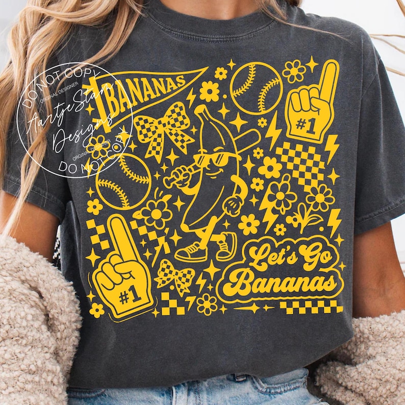 Let's go bananas PNG DTF transfer sublimation Savannah Bananas baseball tshirt retro funny baseball tee baseball mom gift game day shirt women banana mascot coquette bow yellow pennant retro sport tee trendy baseball fan shirt women foam finger number one softball baseball lover tee baseball humor shirt vintage baseball fan gift