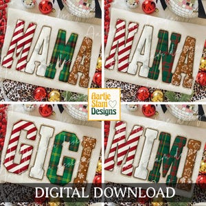 以下が含まれることがあります： 「MAMA」「NANA」「GIGI」「MIMI」の4つの言葉を大胆なカレッジスタイルでデザインしたデジタルダウンロード。各単語は、赤と白のストライプ、緑のチェック柄、ジンジャーブレッドマンなど、ユニークなパターンで表現されています。言葉はクリーム色の背景に配置されています。