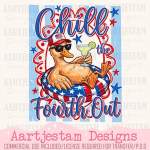 Könnte beinhalten: Digitalgrafik mit einer Cartoon-Ente mit Sonnenbrille und Baseballkappe, die sich in einem rot-weiß-blauen Schwimmreifen entspannt und eine Margarita hält. Der Text lautet "Chill the Fourth Out."