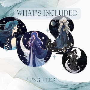 May include: Digital artwork presenting four celestial illustrations. Each circular design depicts a woman with long hair, set against a night sky background with moons and stars. The text "WHAT'S INCLUDED" and "4 PNG FILES" are also present.