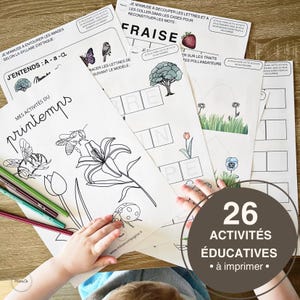 Peut inclure: Ensemble de feuilles d'activités éducatives pour enfants, avec des coloriages et des jeux de mots. Les pages présentent des illustrations de fleurs et d'insectes, avec le texte "MES ACTIVITÉS DU printemps" et "26 ACTIVITÉS ÉDUCATIVES - à imprimer".