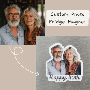 May include: A custom photo fridge magnet with a photo of a couple and the text "Happy 40th".