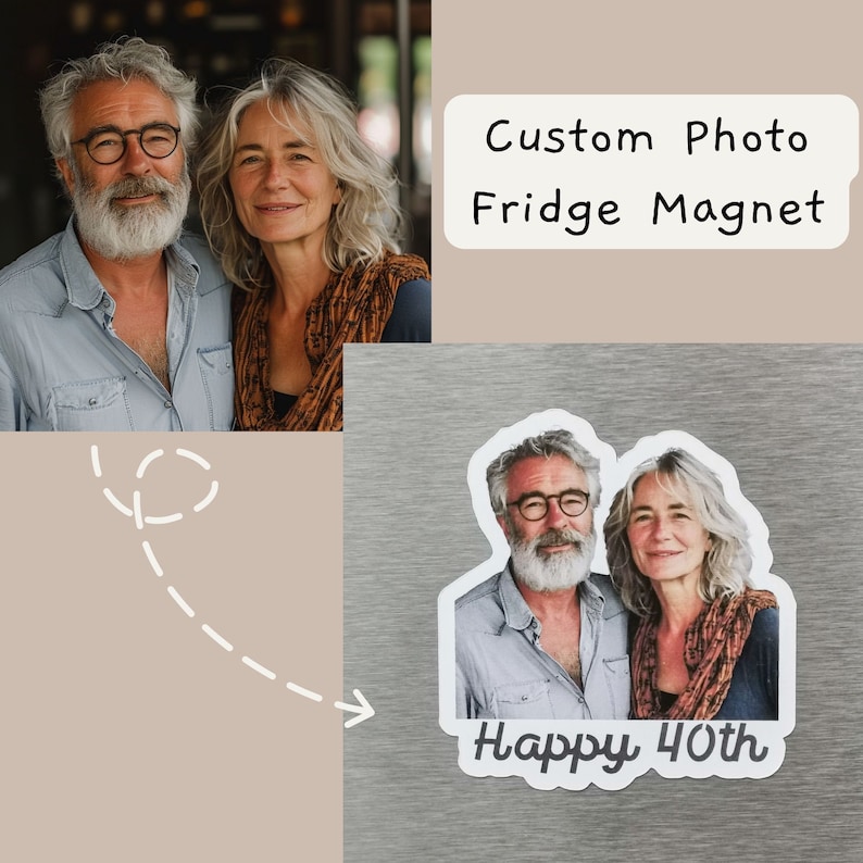 May include: A custom photo fridge magnet with a photo of a couple and the text "Happy 40th".