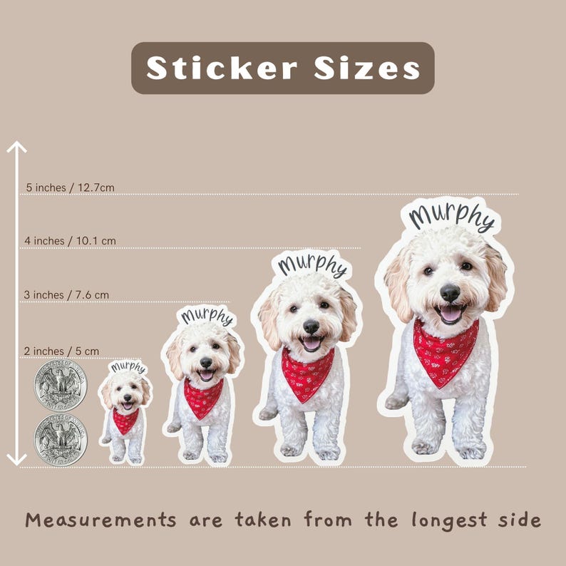 May include: Four different sizes of white dog stickers with red bandanas. The stickers are labeled "Murphy" and measure 5 inches, 4 inches, 3 inches, and 2 inches.