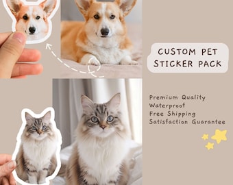 May include: Two custom pet stickers, one of a corgi and one of a cat. The stickers are on a white background with a light brown border. The text "CUSTOM PET STICKER PACK" is in white letters on a light brown background. The text "Premium Quality Waterproof Free Shipping Satisfaction Guarantee" is in black letters on a light brown background. There are three yellow stars in the bottom right corner.