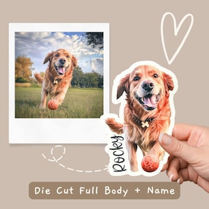 May include: A die-cut sticker featuring a golden retriever dog with a ball in its mouth. The sticker is white with a black outline and the dog's name "Rocky" is written in black cursive on the bottom right corner.