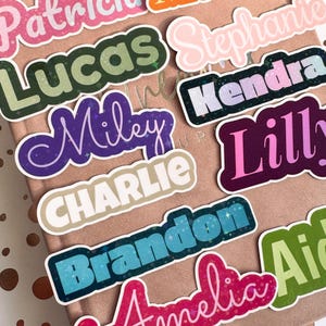 May include: A collection of die-cut vinyl stickers featuring various names including Patricia, Michael, Lucas, Stephanie, Kendra, Miley, Lilly, Charlie, Brandon, and Amelia, each with unique typography, vibrant colours, and subtle star patterns.