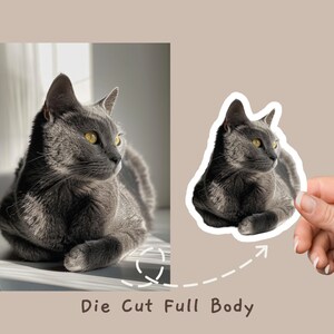May include: A gray cat with yellow eyes is sitting on a white surface. The cat is looking to the right. The image is a die cut sticker of the cat.