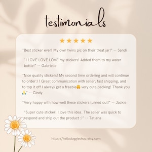 May include: Testimonials for custom stickers featuring a variety of positive reviews from customers. The reviews highlight the quality of the stickers, the seller's communication, and the fast shipping. The text includes quotes from customers such as "Best sticker ever!" and "Super cute sticker!"