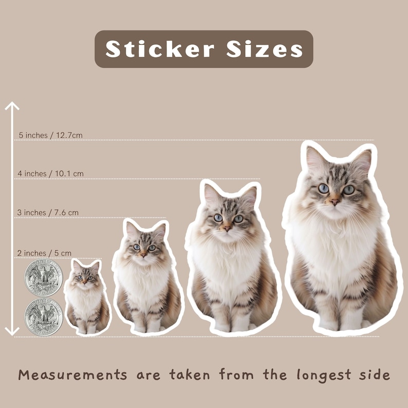 May include: A chart showing different sizes of cat stickers, with a cat image for each size. The sizes are 5 inches, 4 inches, 3 inches, and 2 inches. The text "Sticker Sizes" is at the top of the chart. The text "Measurements are taken from the longest side" is at the bottom of the chart.