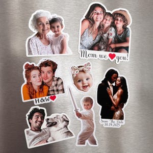May include: Set of eight personalized photo magnets featuring various family members and couples. The magnets have white borders and include text such as "Mom we love you!" and "Save The Date 10.19.2025".
