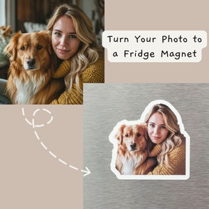 May include: A photo of a woman and her dog, both wearing yellow sweaters, is turned into a fridge magnet.  Turn Your Photo to a Fridge Magnet.