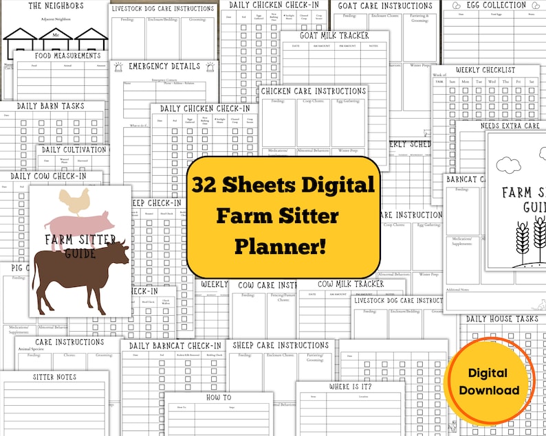 May include: A digital planner for farm sitters with 32 sheets. The planner includes checklists for daily and weekly tasks, including caring for chickens, cows, goats, sheep, barn cats, and a livestock dog. The planner also includes a farm sitter guide with a cow, chicken, and pig illustration.