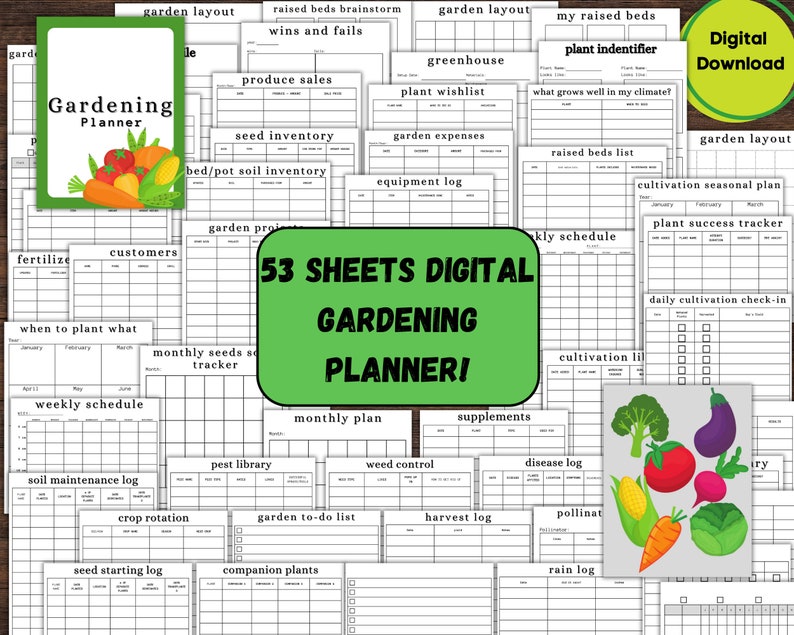 May include: A green and white printable gardening planner with 53 sheets. The planner includes sections for plant identification, seed inventory, garden expenses, equipment log, weekly schedule, daily cultivation check-in, and more.