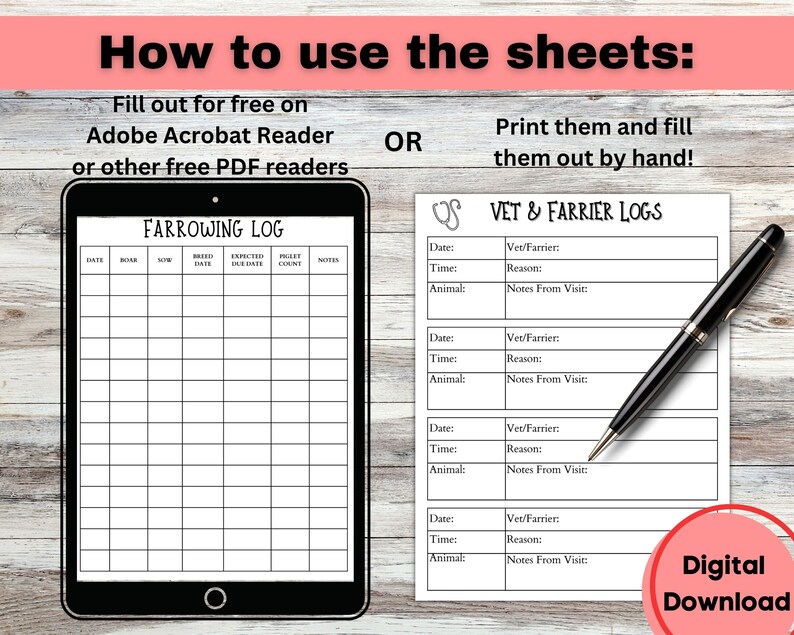 May include: Printable digital download of two log sheets for tracking farrowing and vet/farrier visits. The farrowing log sheet has columns for date, sow, breed, due date, piglet count, and notes. The vet/farrier log sheet has sections for date, time, animal, reason for visit, and notes.