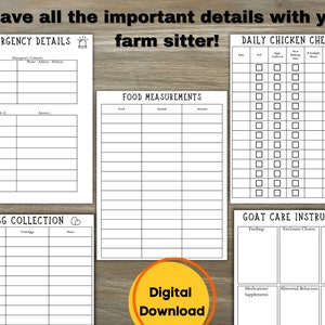 May include: Printable checklist for farm sitters. Includes sections for emergency contact information, daily chicken check-in, food measurements, egg collection, and goat care instructions.
