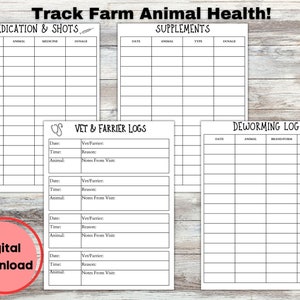 May include: Printable log sheets for tracking farm animal health. The sheets include sections for medication and shots, supplements, vet and farrier logs, and deworming.