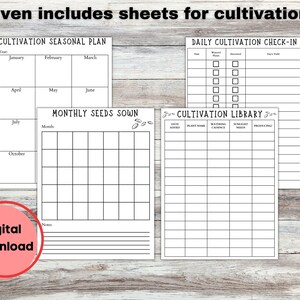 May include: Printable gardening planner with four pages: a seasonal plan, a daily check-in, a monthly seed sowing log, and a cultivation library. The pages are black and white and have a simple design.