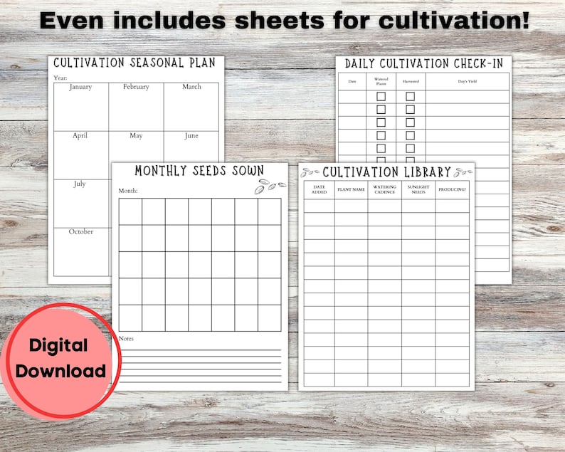May include: Printable gardening planner with four pages: a seasonal plan, a daily check-in, a monthly seed sowing log, and a cultivation library. The pages are black and white and have a simple design.