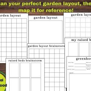 May include: Printable garden planning worksheets with grids for garden layout, raised beds, and a greenhouse. The worksheets include sections for brainstorming, materials, setup date, dimensions, humidity level, and layout.