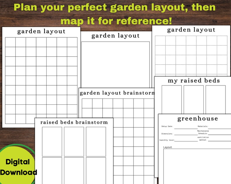 May include: Printable garden planning worksheets with grids for garden layout, raised beds, and a greenhouse. The worksheets include sections for brainstorming, materials, setup date, dimensions, humidity level, and layout.