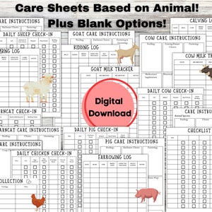 May include: Printable animal care sheets for sheep, goats, cows, barn cats, pigs, and chickens. Each sheet includes a daily check-in, care instructions, and a log for tracking important information. The sheets are black and white and feature illustrations of each animal.